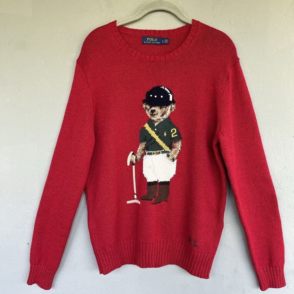 VTG Polo Ralph Lauren Riding Bear #2 Sweater S Red Cotton Linen 90s Equestrian